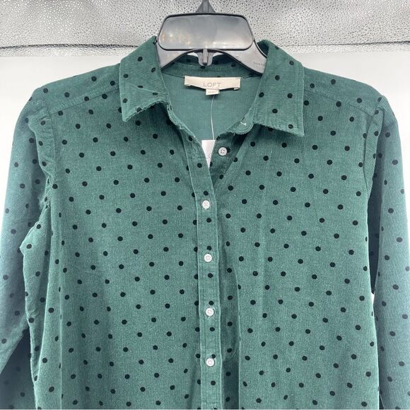 LOFT Women’s Green Black Velvet Dot Corduroy Everyday Button Front Shirt XS - Picture 4 of 14
